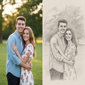 May include: A photograph and a pencil sketch side-by-side of a smiling couple embracing outdoors. The photo shows the couple in casual attire, the woman in a floral dress. The sketch is a detailed pencil drawing of the same couple.