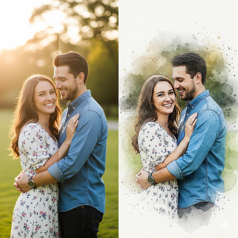 May include: A couple embraces outdoors, bathed in warm sunlight. The woman wears a floral print dress, while the man is in a blue button-down shirt. Both are smiling, suggesting a portrait or engagement photo.
