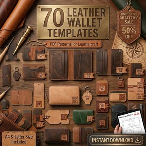 May include: A collection of 70 leather wallet templates and PDF patterns for leathercraft, featuring various wallet styles in brown, tan, and green leather, alongside leatherworking tools, a compass map, and a tablet displaying a digital pattern layout.