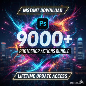 May include: Digital graphic with the text "INSTANT DOWNLOAD" and "9000+ PHOTOSHOP ACTIONS BUNDLE". The image features a vibrant, colorful design with blue, pink, and orange streaks, and the Photoshop "Ps" logo.
