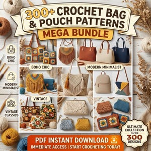 Mega-Paket mit über 300 Häkelanleitungen, Häkelbeutel-Anleitungen (PDF), Boho-Häkeltasche, moderne Tragetasche, Vintage-Häkelanleitungen, Sofort-Download