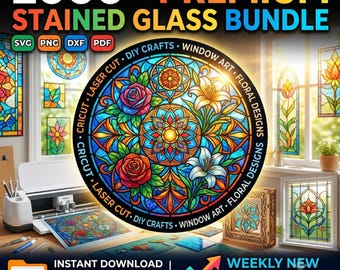 2000+ Stained Glass SVG Bundle Faux Stained Glass PNG Floral Window Art Laser Cut DXF Suncatcher Pattern Commercial Use Cricut Silhouette