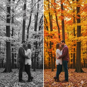 May include: A couple embraces in a forest setting. The image is split, with a black and white version on the left and a color version on the right. The color version shows vibrant autumn foliage in shades of yellow and orange.