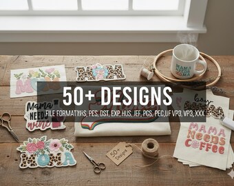 Mom Mama Embroidery Designs | 50+ Retro Flower Leopard Print Slogan Stitch Files Pes Dst Exp Jef Vp3 for Brother Embroidery Machines