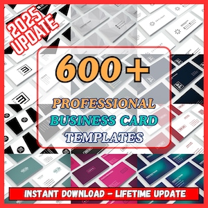 Pode incluir: Imagem promocional de modelos de cartões de visita. A imagem apresenta o texto "600+ MODELOS DE CARTÕES DE VISITA PROFISSIONAIS" e "ATUALIZAÇÃO 2025". As palavras "DOWNLOAD INSTANTÂNEO - ATUALIZAÇÃO VITALÍCIA" também são visíveis.