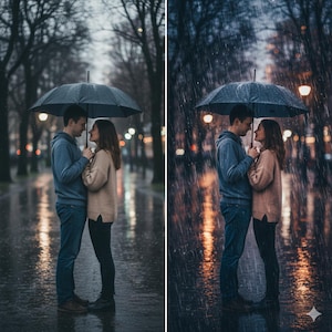 May include: A couple stands close together under a black umbrella in the rain. They are facing each other, with their foreheads touching. The man wears a blue hoodie and jeans, while the woman wears a tan sweater and black pants. The background shows a wet street and trees.