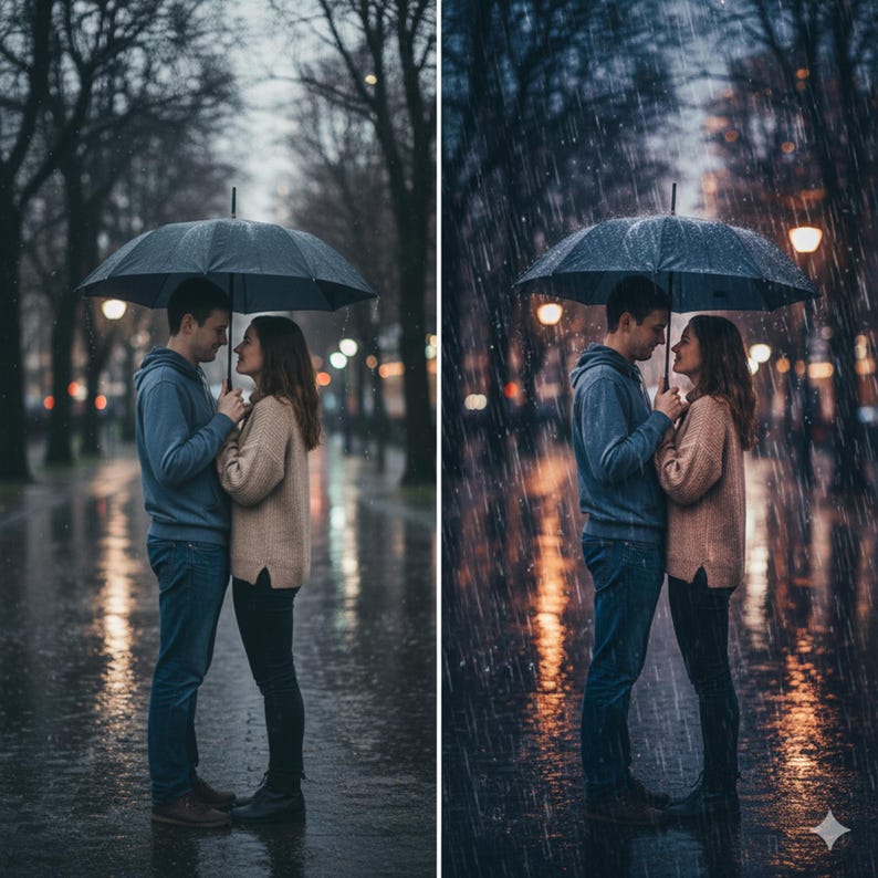 May include: A couple stands close together under a black umbrella in the rain. They are facing each other, with their foreheads touching. The man wears a blue hoodie and jeans, while the woman wears a tan sweater and black pants. The background shows a wet street and trees.