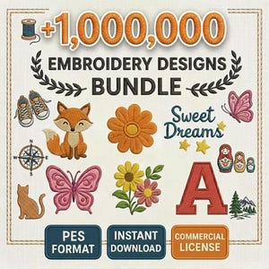 Puede incluir: Gráfico de un paquete de diseños de bordado con el texto "+1.000.000 DISEÑOS DE BORDADO BUNDLE". La imagen incluye diseños bordados de un zorro, mariposa, flores, brújula, gato, zapatos y muñecas rusas. También incluye el texto "Sweet Dreams".