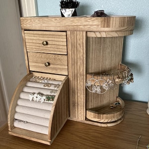 Wooden Rotating Jewelry Box with Drawers: Handmade Necklace Organizer
