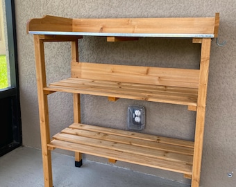 3 Tier Potting Bench Table wood/Metal Tabletop for Garden, Fir Wood Workstation