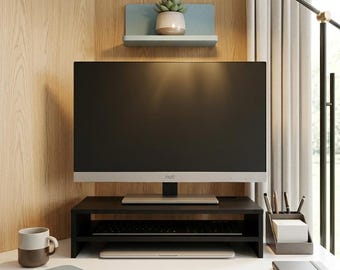 2 Tier Wooden Monitor Stand Riser with Storage Organizer