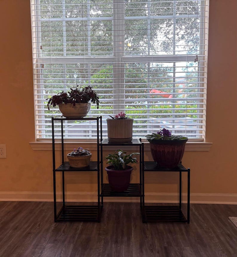 May include: A black metal plant stand with three tiers, displaying several potted plants. The plants feature green foliage and flowers, with pots in brown, beige, and purple hues. The stand is placed in front of a window with slatted blinds.