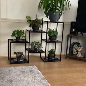 May include: Black metal plant stands with multiple tiers, each holding potted green plants. The stands are arranged in a staggered configuration, creating a visually appealing display. The plants vary in size and type, adding to the overall aesthetic.