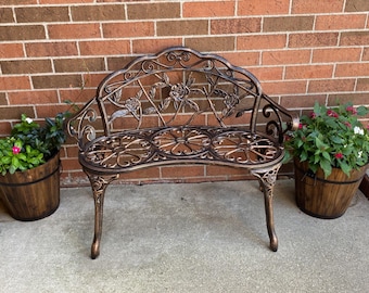 Patio Park Garden Outdoor Metal Rose Bench, 2-Person Cast Iron Antique Finish Chair