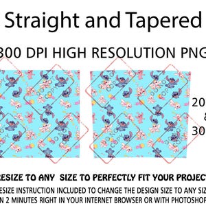 May include: A digital design file featuring a repeating pattern of blue and pink cartoon characters on a light blue background. The text reads Straight and Tapered, 300 DPI HIGH RESOLUTION PNG, 20 OZ & 30 OZ, and RESIZE TO ANY SIZE TO PERFECTLY FIT YOUR PROJECT.