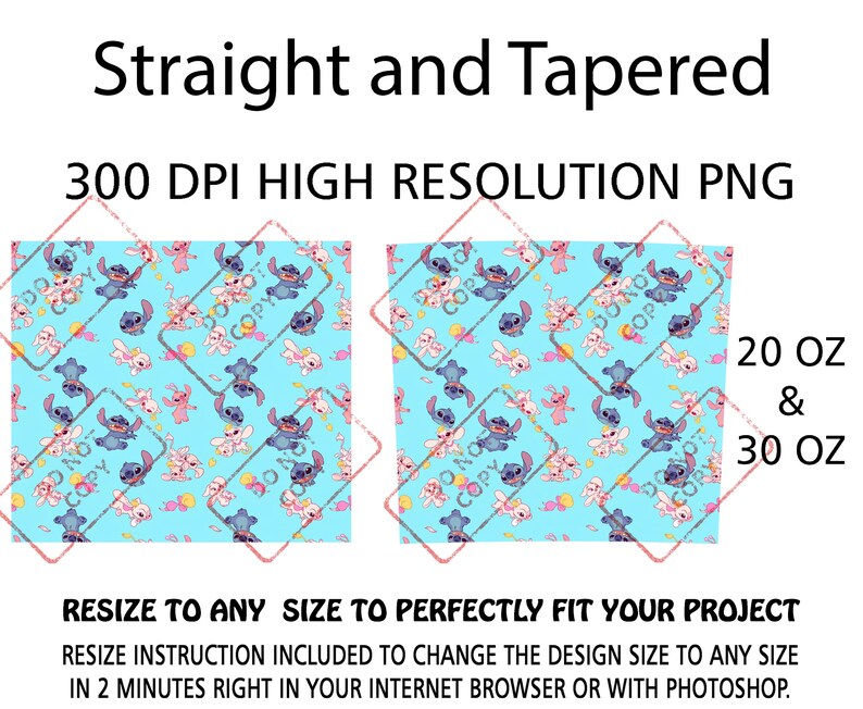 May include: A digital design file featuring a repeating pattern of blue and pink cartoon characters on a light blue background. The text reads Straight and Tapered, 300 DPI HIGH RESOLUTION PNG, 20 OZ & 30 OZ, and RESIZE TO ANY SIZE TO PERFECTLY FIT YOUR PROJECT.