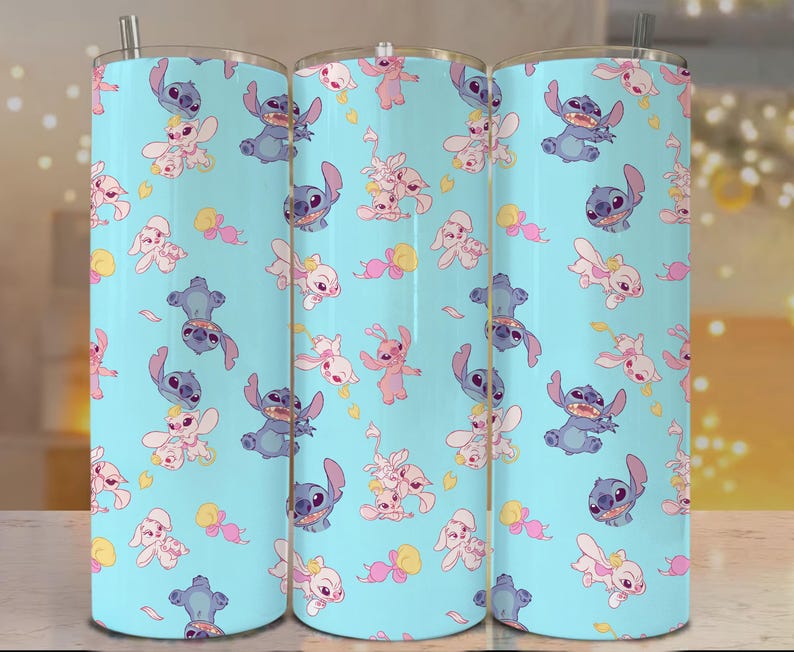Blue Pink Alien Pattern Tumbler Wrap – 20oz Skinny Tumbler PNG, Cute Angel Alien Cartoon Sublimation Design, Digital Download image 2
