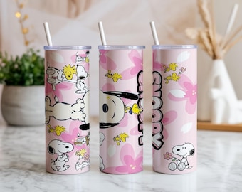 Diseño PNG para vaso térmico Snoopy de 20 oz, diseño floral rosa de Peanuts para vaso térmico delgado, diseño de sublimación de vaso térmico con dibujos animados, descarga digital.