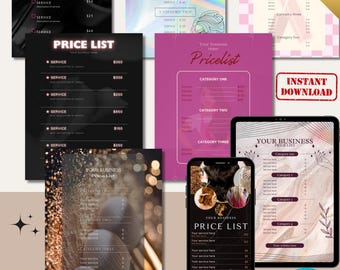 May include: A collection of 10 price list templates in various designs, displayed on a phone, tablet, and printed sheets. The templates feature text, images, and customizable backgrounds. The word "Canva" is visible.