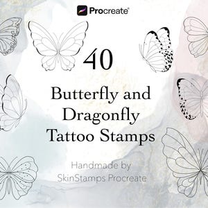 Könnte beinhalten: Digitales Kunstwerk mit 40 Schmetterlings- und Libellen-Tattoo-Stempeln. Das Bild zeigt verschiedene schwarze Strichzeichnungen von Schmetterlingen und Libellen, mit dem Text "Butterfly and Dragonfly Tattoo Stamps" und "Handmade by SkinStamps Procreate".