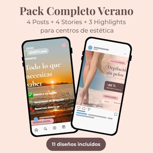 Puede incluir: Un conjunto de plantillas de marketing digital para centros de estética con dos pantallas de smartphone mostrando contenido de redes sociales. El texto incluye Pack Completo Verano, 4 Posts, 4 Stories, 3 Highlights y 11 diseños incluidos, con imágenes de playa.