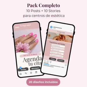 Puede incluir: Dos teléfonos inteligentes mostrando plantillas de redes sociales para centros de estética. La pantalla izquierda muestra uñas manicuradas en rosa y una flor con el texto "Agenda tu cita". La derecha lista servicios como "Limpieza facial" y "Depilación láser". Incluye "Pack Completo" y "20 diseños incluidos".