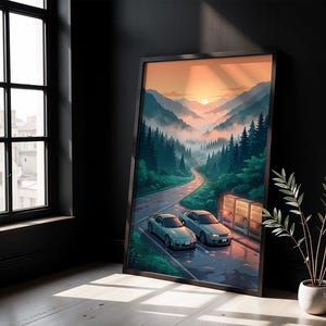 Art Print of Japanese Sports Cars on Retro Anime Mountain Pass