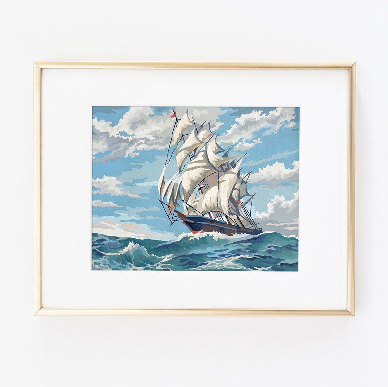 vintage paint by number ship at sea nautical painting