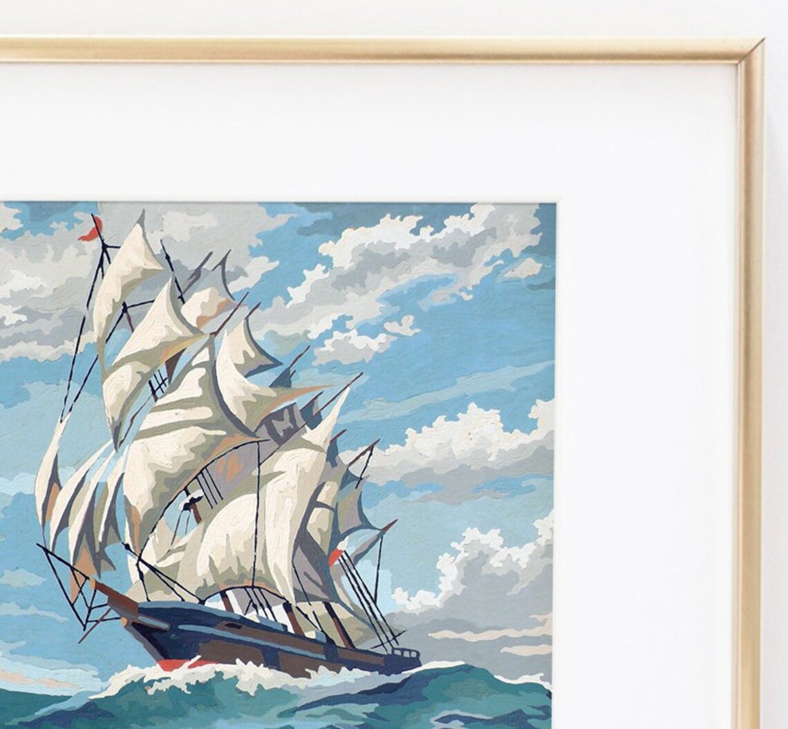 Vintage Paint by Number Ship at Sea Nautical Painting Print Etsy