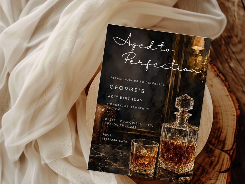 May include: Aged to Perfection birthday invitation with a whiskey decanter and glass. The invitation features the text "Aged to Perfection" in elegant script. The invitation includes details for George's 40th birthday.