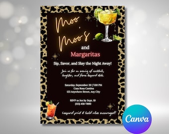 Moo Moos and Margaritas Invitation | Editable Canva Template | Leopard Print Cocktail Party Invite | Girls Night Out | Instant Download 0001