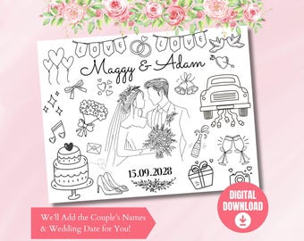 Placemat bruiloft activiteit | Gepersonaliseerde bruiloft kleurplaten | Afdrukbare kindertafel | Activiteitenblad receptie | Digitale download 0002