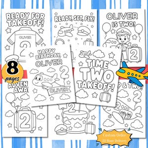 May include: A collection of eight black and white coloring pages featuring aviation-themed birthday designs for a two-year-old named Oliver. The pages include illustrations of airplanes, suitcases, pilot hats, birthday cakes, and balloons with text.