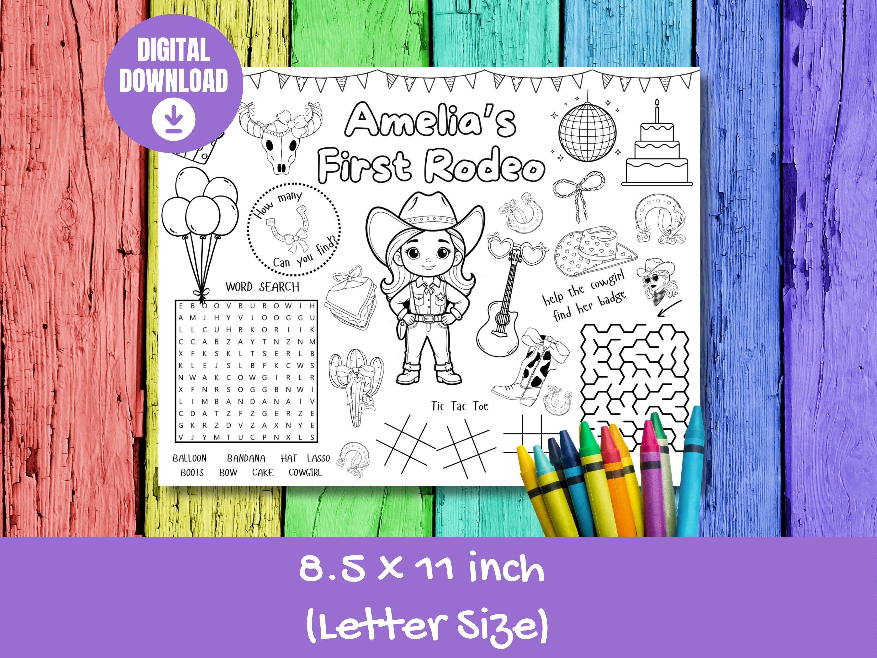 Printable Checklist Rodeo First Rodeo Coloring Placemat | Personalized Cowgirl Birthday Activity ...