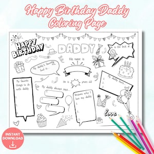 Op de afbeelding: Zwart-wit kleurplaat "Happy Birthday Daddy". Bevat invulvakken voor favoriete dingen, eten en redenen om van te houden. Met verjaardagsillustraties en het woord "Instant Download". Gekleurde potloden liggen erbij.