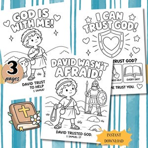 Puede incluir: Un conjunto de tres páginas para colorear en blanco y negro con ilustraciones bíblicas de David, una oveja y un escudo. El texto incluye "GOD IS WITH ME!", "I CAN TRUST GOD!" y "DAVID WASN'T AFRAID!". Se ven un icono de Biblia marrón y una insignia de "3 pages".