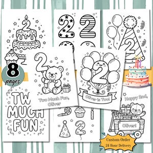 Personalized Two Much Fun 2nd Birthday Coloring Pages, Printable 2nd Birthday Activity,Toddler Birthday Coloring Sheet, Birthday Party Favor