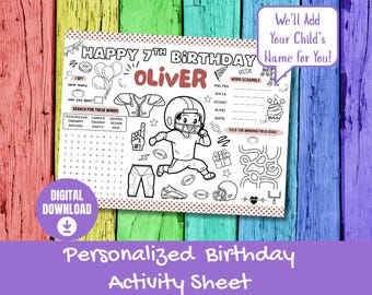 Football Birthday Coloring Sheets | Personalized Party Activity Placemat | First Year Down Printable | Custom Sports Coloring Page Favor
