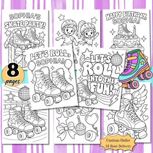 Op de afbeelding: Een set van acht kleurplaten met rolschaatthema's en teksten zoals Sophia's Skate Party, Happy Birthday Sophia, Let's Roll Sophia en Let's Roll Into The Fun, vergezeld van illustraties van rolschaatsen, een taart en een discobal.