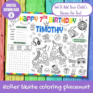 Op de afbeelding: Een kleurplaat met rolschaatsen met de tekst "Happy 7th Birthday Timothy". Het ontwerp bevat rolschaatsen, een woordzoeker en andere leuke illustraties. De placemat is een digitale download.