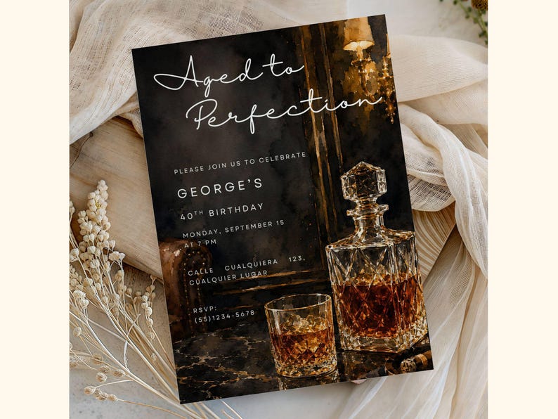 May include: An invitation with the text "Aged to Perfection" for George's 40th birthday. The design features a crystal decanter and a glass of amber liquid, likely whiskey, on a dark background. The invitation includes the date, time, and RSVP information.