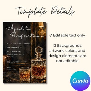May include: An invitation template with the words "Aged to Perfection" and details for a 40th birthday celebration. The design features a whiskey decanter, a glass of whiskey, and the Canva logo.