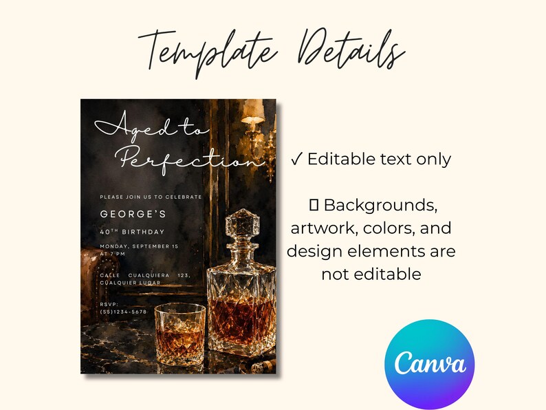 May include: An invitation template with the words "Aged to Perfection" and details for a 40th birthday celebration. The design features a whiskey decanter, a glass of whiskey, and the Canva logo.
