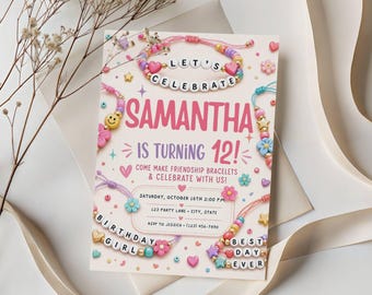 Friendship Bracelet Birthday Invitation, Let's Party Besties Tween Girl Party Invite, Girls Jewelry Making Party Invite (Digital Download)
