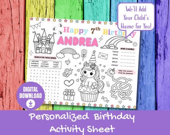 Unicorn Birthday Coloring Placemat | Personalized Party Activity Sheet | Editable Printable Favor | Rainbow Coloring Page for Kids Birthday