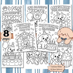 Peut inclure: Un ensemble de huit pages de coloriage imprimables représentant des chiots de dessin animé, des gâteaux d'anniversaire, des ballons et des chapeaux de fête. Les pages incluent du texte comme Oliver's Pawsome Birthday et A Pawsome Day For Oliver.