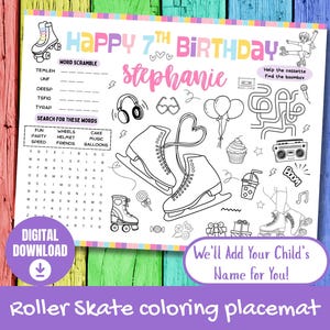 Rolschaatsen Kleurplaat Feestbedankje | Gepersonaliseerde kinderverjaardagplacemat | Afdrukbare activiteitenmat uit de jaren 90 van Groovy | Aangepaste naam feestdecoratie