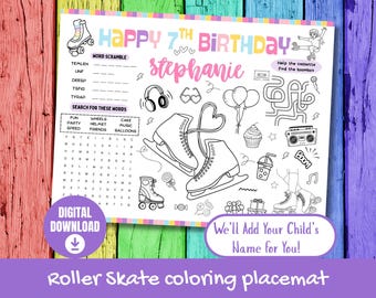Roller Skate Coloring Party Favor | Personalized Kids Birthday Placemat | Groovy 90s Printable Activity Mat | Custom Name Party Decor