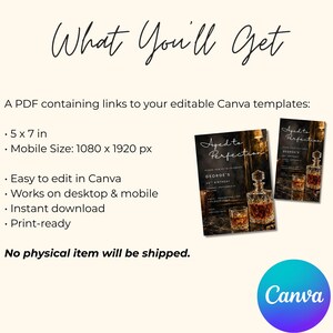 May include: Digital invitation template with the text "Aged to Perfection" and a whiskey theme. The image includes details about the template size, editing in Canva, and instant download. The Canva logo is also visible.