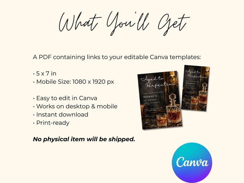May include: Digital invitation template with the text "Aged to Perfection" and a whiskey theme. The image includes details about the template size, editing in Canva, and instant download. The Canva logo is also visible.